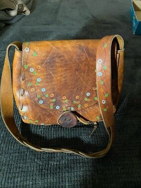Vintage Brown Leather Crossbody with Blue and Green Floral Embroidery